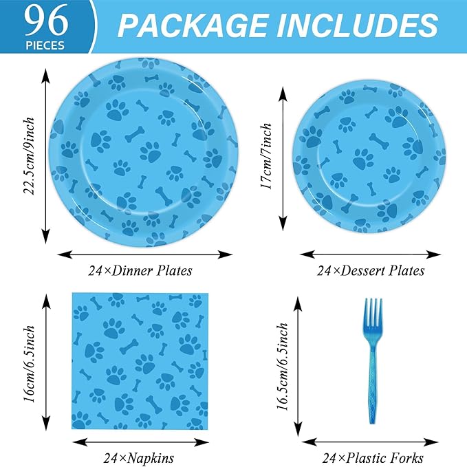 96pcs Dog Paw Prints Party Plates Napkins Dog Paw and Bone Sign Tableware Puppy Pawty Print Dinnerware Disposable Paper Plates for Kids Boy Girl Lets Pawty Birthday Baby Shower Party supplie 24 Guests