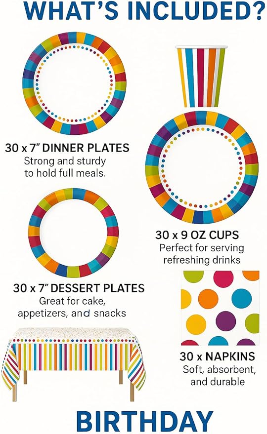 Oojami Rainbow Party Supplies Set – Serves 30 Guests Disposable Paper Plates, Cups & Napkins Colorful Birthday, Kids Party & Celebration Tableware Pack