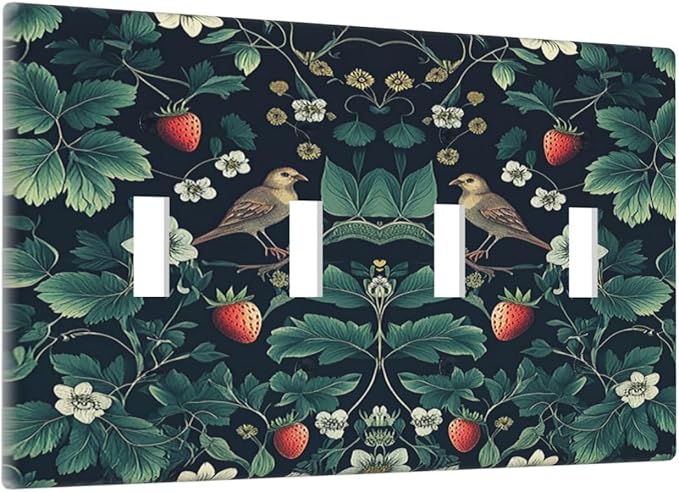 Light Switch Covers Strawberry Birds Flowers Plant Morris Floral Quad Toggle Electrical Faceplate 4 Gang Wall Plate Decorative Switch Plates for Bedroom Farmhouse Decor