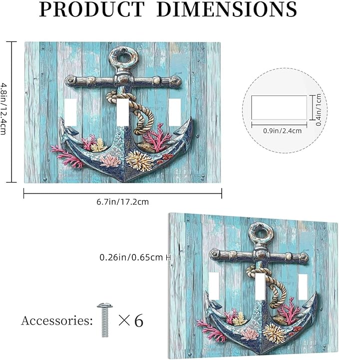 Decorative Switch Plates Anchor Coastal Beach Nautical Coral 3 Gang Wall Plate Triple Toggle Light Switch Cover Faceplate Electrical Wall Panels For Farmhouse Cabin Decor