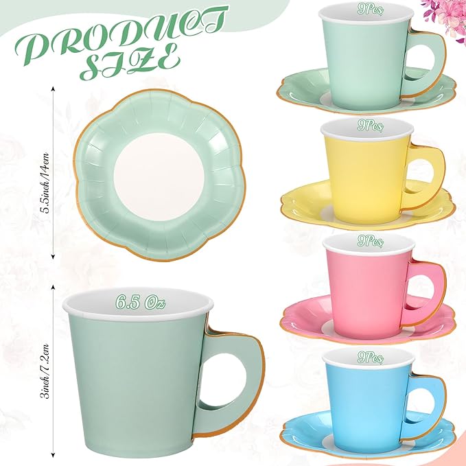 Umigy 36 Sets Mother's Day Pastel Tea Party Decorations 6.5 oz Paper Teacups & Saucer Set for Girls Women Tea Parties Mothers Day Bridal Shower Wedding Birthday Party Decorations(Pastel)