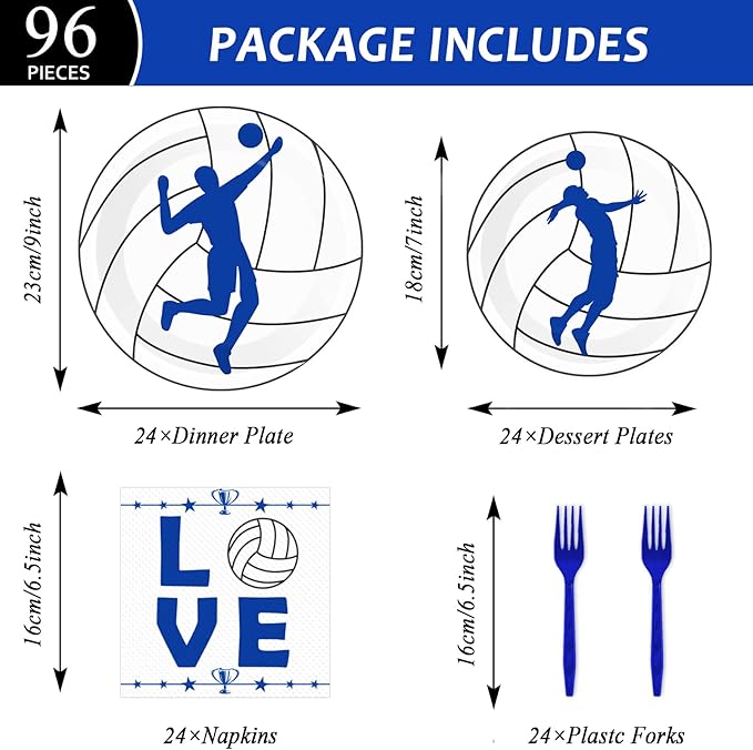 Wiooffen 96 Pcs Volleyball Party Plates Napkins Tableware Set Volleyball Birthday Supplies Disposable Dinnerware Sports Theme Party Decoration Favors for Baby Shower, 24 Guests