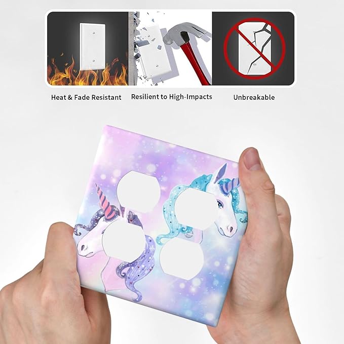 Lovely Fantasy Kid Girl 2-Gang Device Duplex Wall Plate, Cute Funny Cartoon Colorful Rainbow Purple/Blue Unicorn Decorative Two Gang Double Duplex Receptacle Socket Outlet and Light Switch Cover Plate