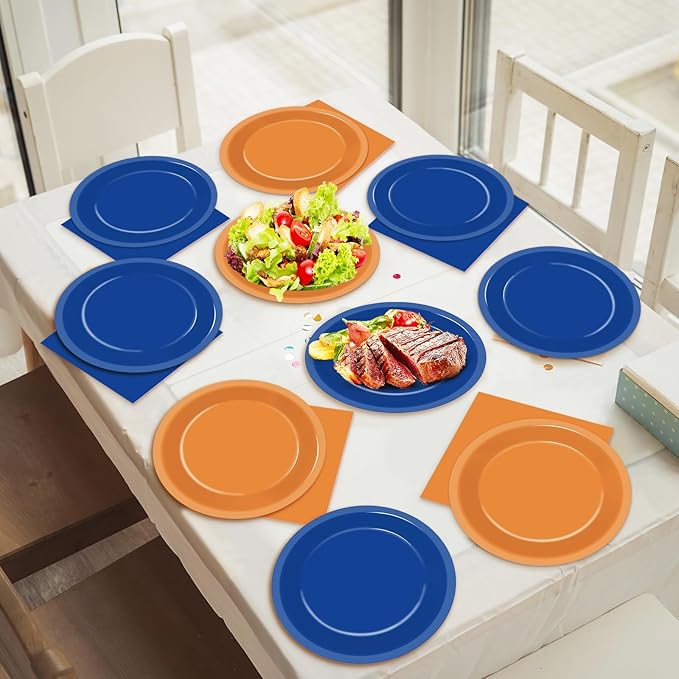 48Pcs Orange and Blue Paper Plates and Napkins Blue and Orange Party Decorations Dart War Birthday Party Supplies Colorful Disposable Tableware for Baby Shower Birthday Boys Girls Graduation Serves 24