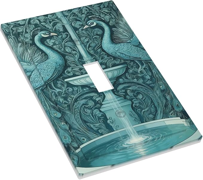 Art Nouveau Peacocks & Fountain Teal 1-Gang Toggle Light Switch Plate, Peacock Garden Decorative Wall Plate for Living Room Decor