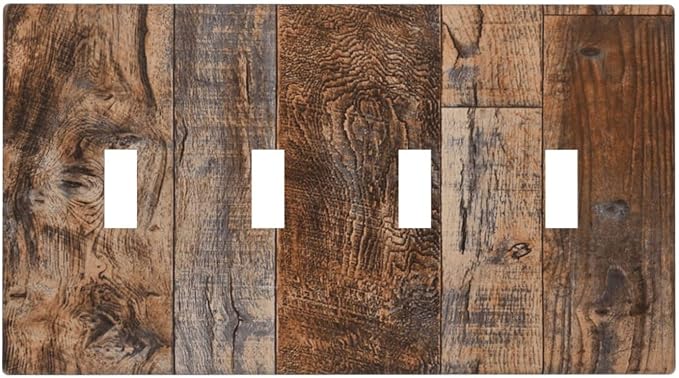 Vintage Board Rustic Brown Wood Texture Light Switch Covers Quad Toggle Electrical Faceplate 4 Gang Wall Plate Decorative Switch Plates Cover for Farmhouse Home Decor