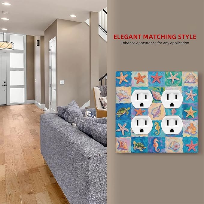 Sea Turtle Starfish Ocean Double Duplex Receptacle Outlet Cover Wall Plate Decorative 2 Gang Light Switch Covers Electrical Switchplate Home Decorate Faceplat for Bathroom Bedroom Kitchen Room