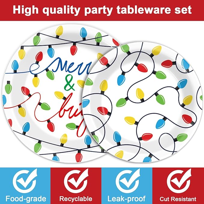 ZOIIWA 96PCS Merry Christmas Party Tableware Set Christmas Lights Party Supplies Merry and Bright Disposable Dinnerware Plates Napkins Forks with Holiday String Lights for Xmas Birthday Favors