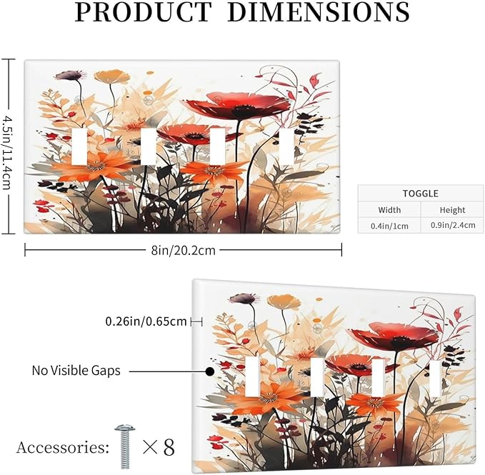 Light Switch Covers Country Watercolor Flowers Art Wildflower Quad Toggle 4 Gang Wall Plate Electrical Faceplate Decorative Switch Plates for Bedroom Cabin Decor