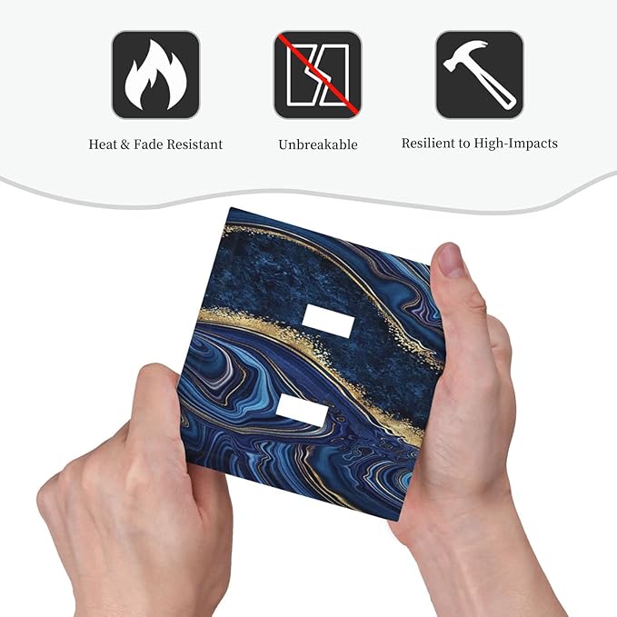 Luxury Marble Navy Blue 2 Gang Double Toggle Light Switch Cover Decorative Wall Plate Faceplate For Boys Men Modern Art Agate Stone Watercolor Gold Line Bathroom Home Living Room Decor 5" x 4.9
