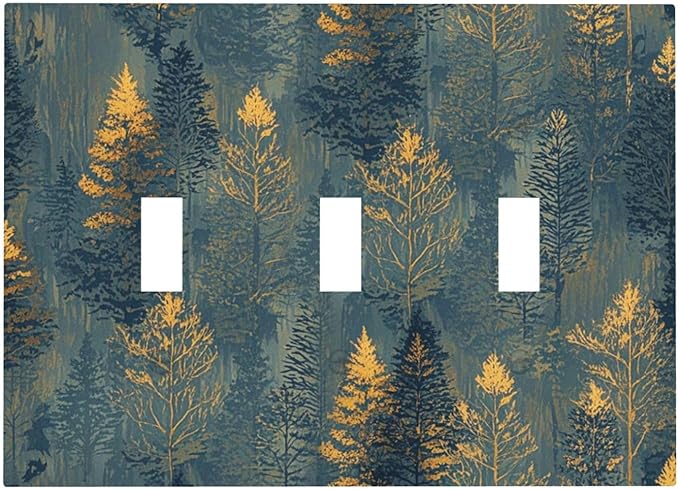 Decorative Switch Plate Cover with Golden Trees & Abstract Gradient Forest Landscape Design 3 Gang Artistic Wall Plate Unique Triple Toggle Light Switch Covers for Blue Retro Home Decor