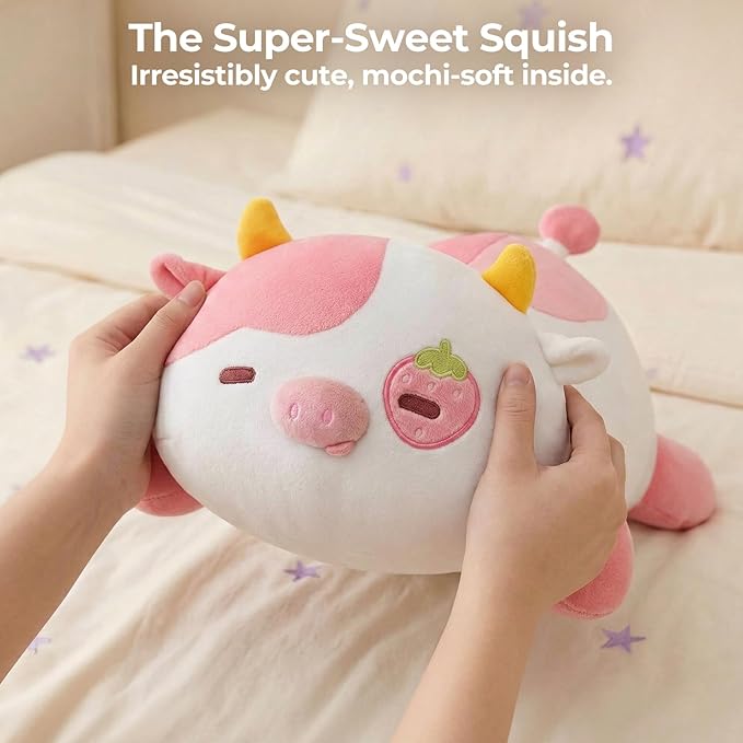 Mewaii Cute Strawberry Cow Plush Pillow, Kawaii Plushies Strawberry Cow Stuffed Animals, Squishy Plushies, Cuddle Plush Pillow for Kids & Girls (13 Inch)