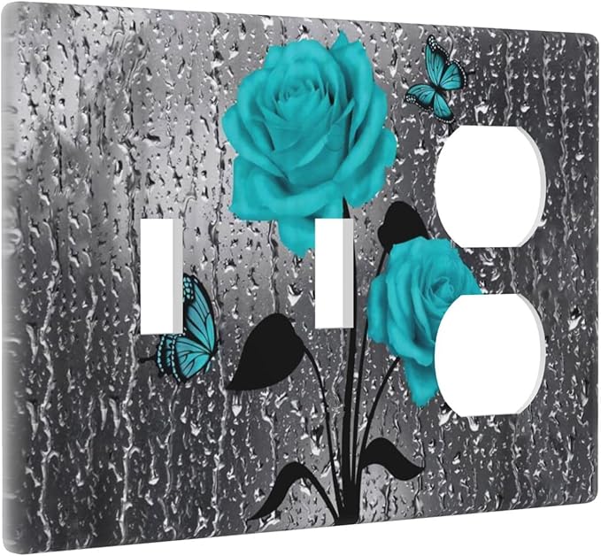 Women Elegant Turquoise Teal Blue Gray Rose Flower Raindrop Floral Butterfly 2 Toggle 1 Duplex Receptacle Light Switch Wall Plates and Outlet Cover Triple Device Combo Two Toggle One Receptacle Cover