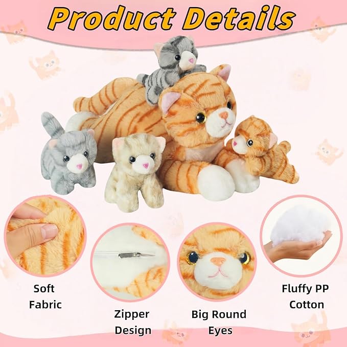 5 Pieces Cat Stuffed Animal with Babies, 1 Mommy Orange Cat Plush Toy Stuffed Cat with 4 Babies Plush Kittens, Stuffed Kitty Plush Toys for Kids Girls Boys Birthday Christmas Plush Gifts