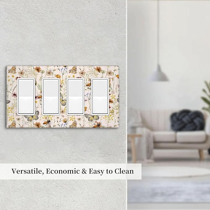 Vintage Butterflies Quad Rocker Decora Wall Plate Decorative Colorful Wildflower 4 Gang Light Switch Cover Cute Bees GFCI Electrical Outlet Switchplate Beige Flower Leaves Dimmer Decor for Bedroom