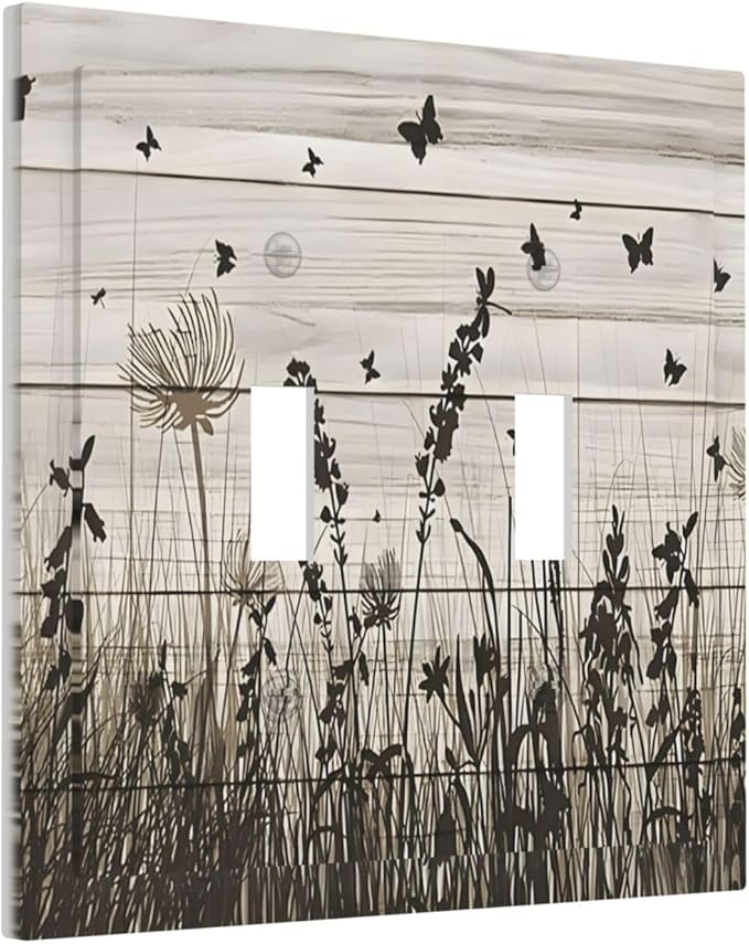 Wildflower Butterfly Grass Dandelion Vintage Wooden Print Decorative Switch Plates 2 Gang Double Toggle Outlet Light Switch Cover Wall Plate Electrical Faceplate for Farmhouse Home Decor