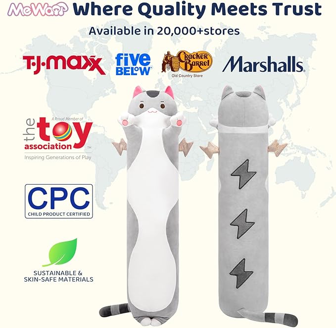 Mewaii Long Cat Plush 5 Sizes, 120% Extra Filling Giant Plushness Kids Body Pillow, Kawaii Cute Grey Cat Stuffed Animals Plushies, Big Long Body Pillow Cat Plush Gift for Girls 44”