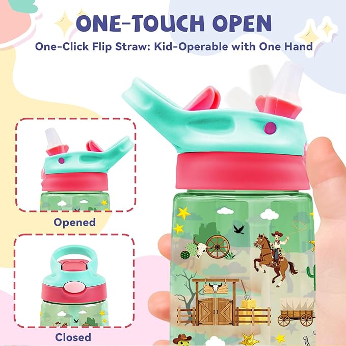 14oz Kids Water Bottle with Straw Lid - Cowboy Water Bottles for Kids, Leakproof, Lightweight, Durable Plastic Bottles for School Travel, Pop-Up Straw Cover, Gift Cup for Boys Girls(Cowboy)