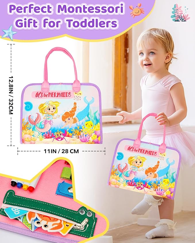 SaFeli Toddler Busy Board, Montessori Toys for Toddler Girl Birthday Gifts, Learning Toys Sensory Busy Book Toys for Toddlers, Travel Educational Book for Airplane Car | Birthday Gift for Girls, Pink