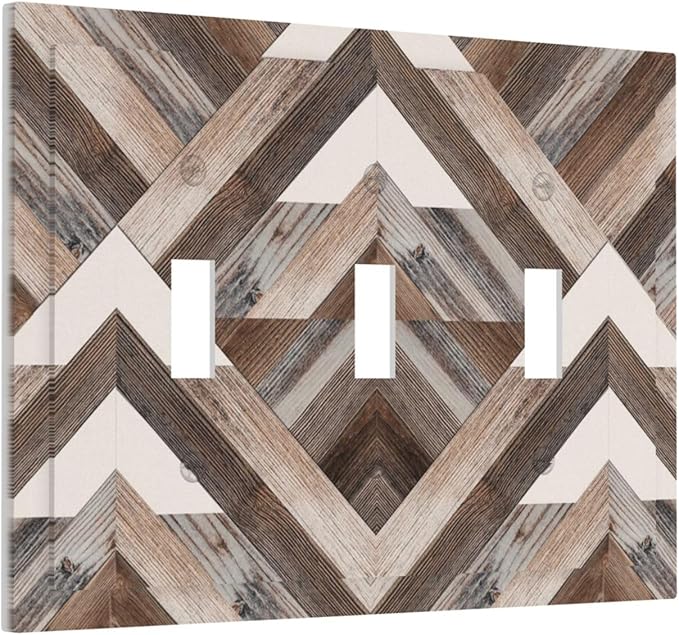 Polygon Collage Abstract Shapes Rustic Wood Panel Print Decorative Switch Plates 3 Gang Wall Plate Triple Toggle Light Switch Cover Faceplate Electrical Wall Panels for Farmhouse Bedroom Decor