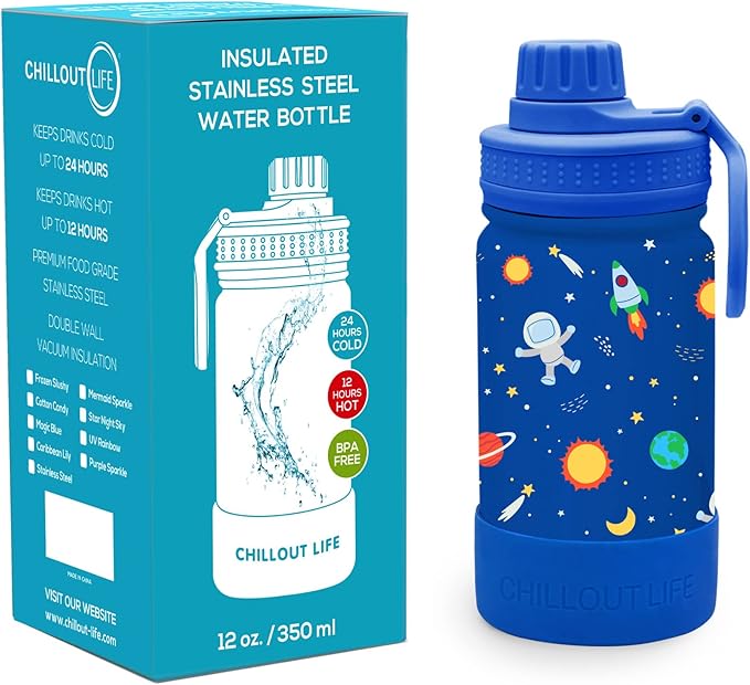CHILLOUT LIFE 12 oz Kids Insulated Water Bottle for School with Leakproof Spout Lid and Cute Waterproof Stickers, Personalized Stainless Steel Thermos Flask Metal Water Bottle, Blue Space