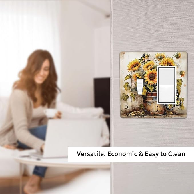 Outlet Covers Rustic Vintage Sunflower Bouquet Butterfly 1 Toggle 1 Rocker Combination Decorative Wall Plate Light Switch Cover Plate Electrical Switch Plates for Farmhouse Cabin Decor