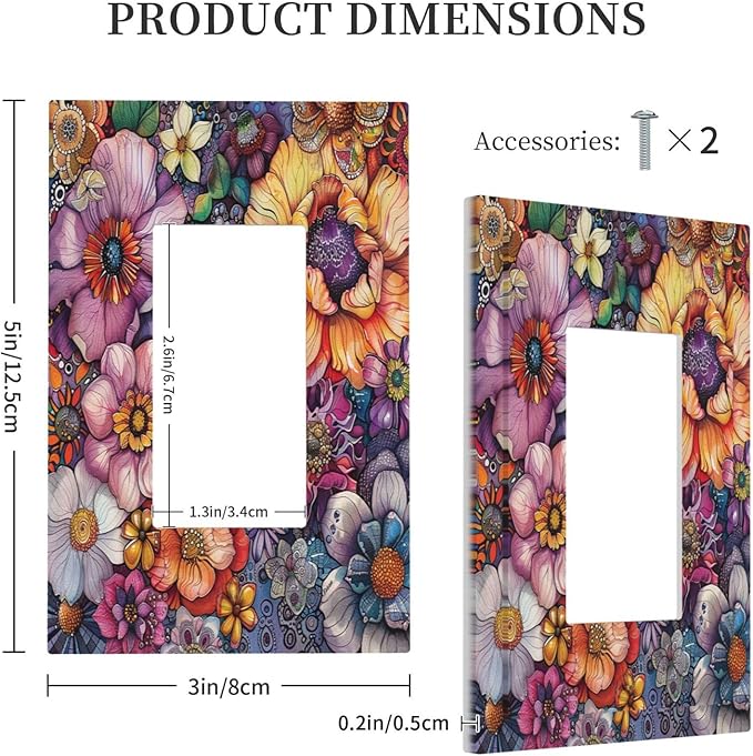 Decorative Outlet Covers Colorful Bohemian Flowers Vintage Boho Floral 1 Gang Single Rocker Light Switch Cover Plate Wall Plates GFCI Faceplate for Bed Room living Room Decor