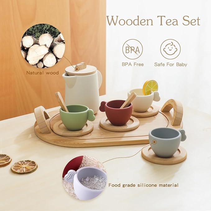 Enchanting Wooden Tea Party Set - Silicone Teapot, Cups & Carrying Scoop - Perfect for Little Girls' Tea Party & Kitchen Play - Toddler Gift