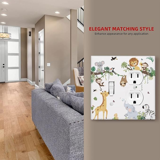 Jungle Animals Tree Branch Monkey Giraffe Lion Elephant Wallplates 1 Toggle 1 Duplex Switch Plate Electrical GFCI Faceplate Decorative Light Switch Covers for Kids Room Nursery Decor