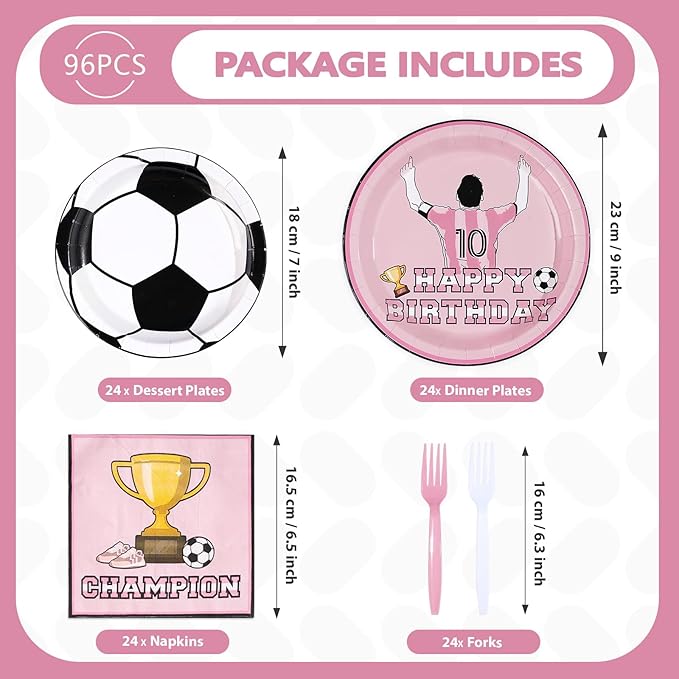 96Pcs Pink Soccer Birthday Party Supplies Pink Soccer Star Plates and Napkins Football Champion Themed Tableware Set for Sports Fans Football Theme Birthday Party Supplies，Serves 24