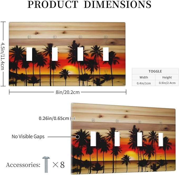 Sunset Beach Coconut Palm Tree Wooden Background Light Switch Covers Quad Toggle Electrical Faceplate 4 Gang Wall Plate Decorative Switch Plates for Bedroom Living Room Decor