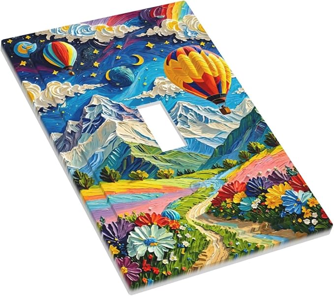 Hot Air Balloons Floral Vibrant Colors Flowers Mountains Stars Moon Decorative Light Switch Cover 1 Gang Single Toggle Device Electrical Faceplate Switchplates Decorator Outlet Wall Plate for Bedroom