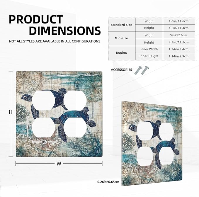 Blue Green Sea Turtle Tropical Ocean Coral Nautical Map Outlet Covers 2 Gang Double Duplex Decorative Light Switch Covers Electrical Wallplates Socket Faceplate For Bed Room Bathroom Decor