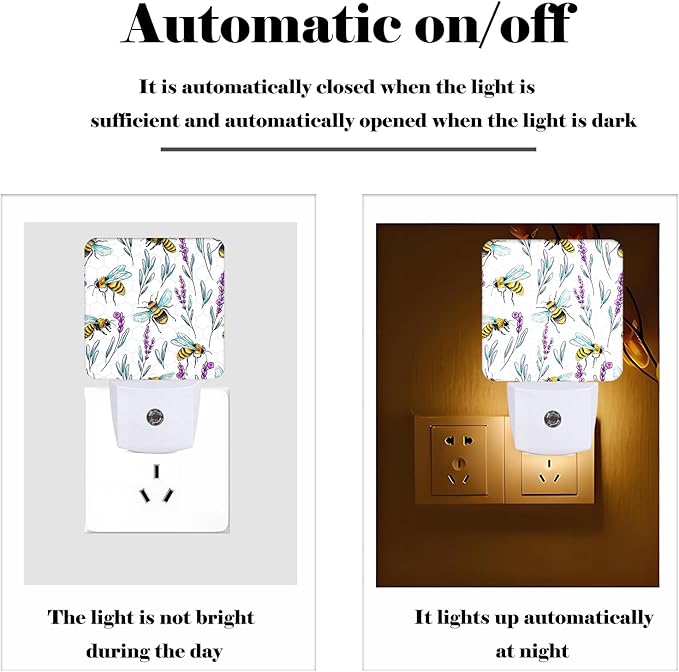 Bees and Lavender Flowers Night Light,Plug-in Night Lights with Dusk-to-Dawn Sensor for Stairway,Hallway,Bedroom Sleep Friendly Ideal for Women/Girls/Boys Gift,0.5w
