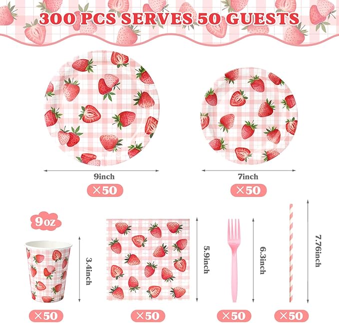 300 Pcs Berry First Birthday Decor, Strawberry Decorations For Party, Strawberry Shortcake Birthday Decorations, Plates and Napkins Serves 50 Guests