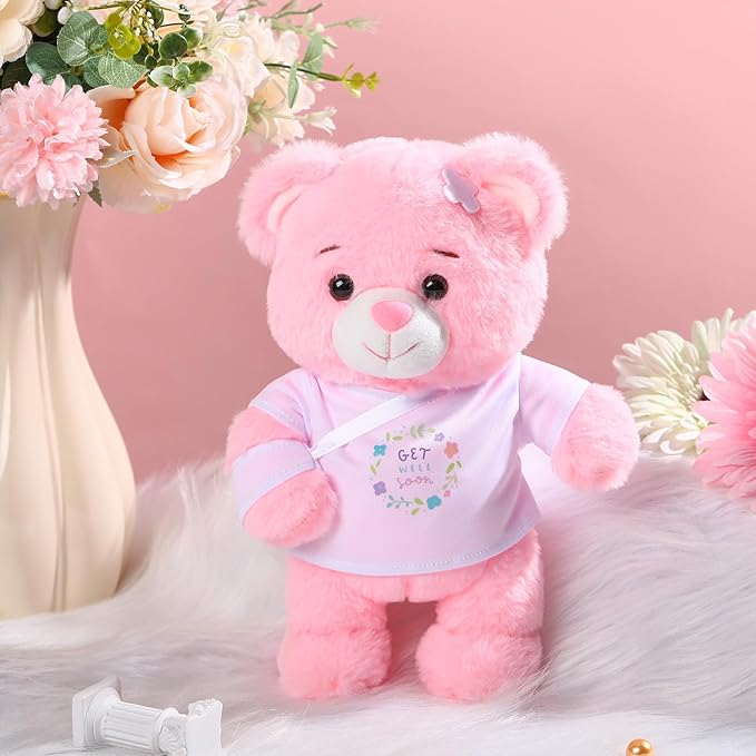 Deekin Get Well Soon Gifts for Kids Injured Recovery Bear Stuffed Animal Gifts Bear for Kids Adult with Broken Arm After Surgery Soft Bandage Plush 10 Inches(Pink,Arm Injury)