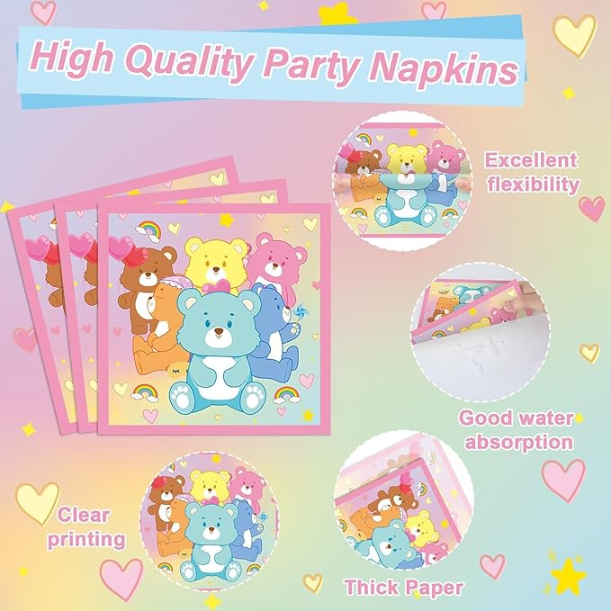 96Pcs Cute Bear Birthday Party Plates and Napkins Bear Rainbow Party Decorations Pastel Bears Theme Supplies Cute Bears Theme Paper Dessert Plates Tableware Set for Kids Boy Girl Baby Shower 24 Guests