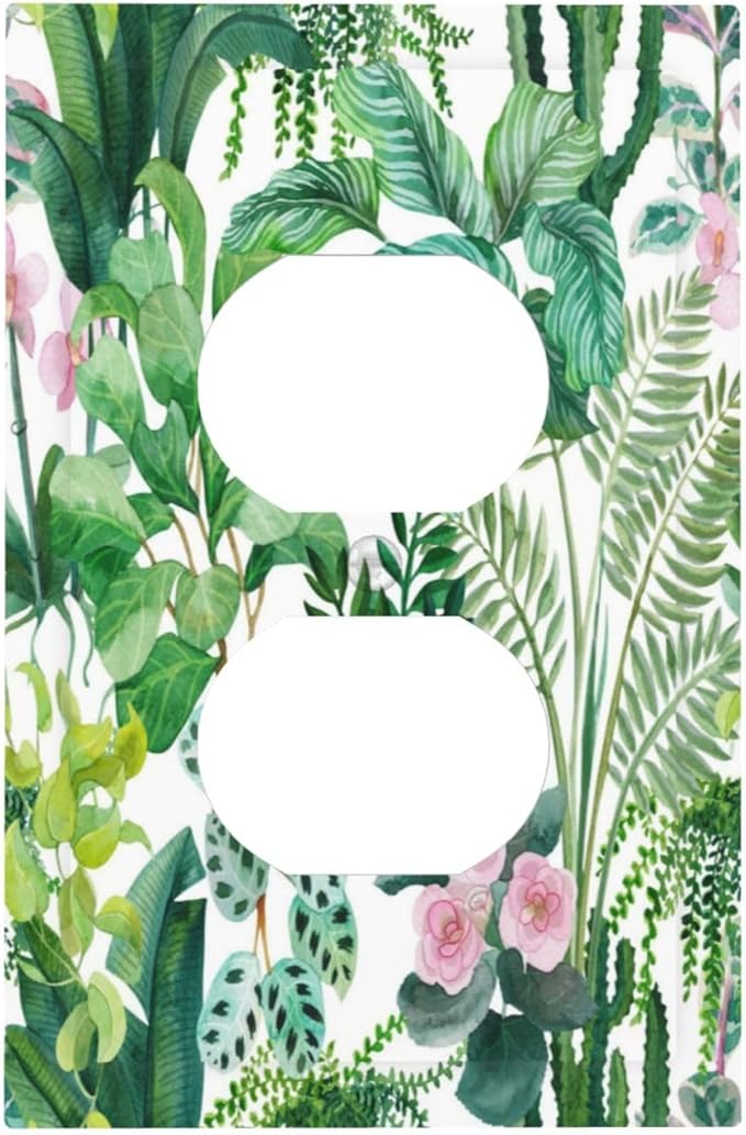 Tropical Palm Leaves Green Jungle Botanical Floral Flowers Outlet Covers 1 Gang Duplex Light Switch Cover Decorative Switch Plates Electrical Receptacle Faceplate Wall Plate for Bedroom Living Room