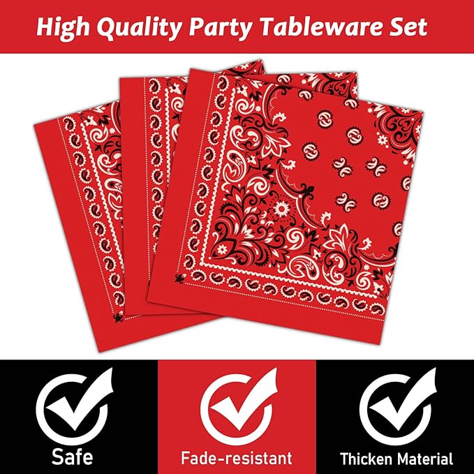 96 Pcs Red Bandana Western Party Plates Napkins Tableware Set Paisley Cowboy Cowgirl Farm Themed Supplies Disposable Dinnerware Western Decoration Favors for Kids Baby Shower Birthday, 24 Guests