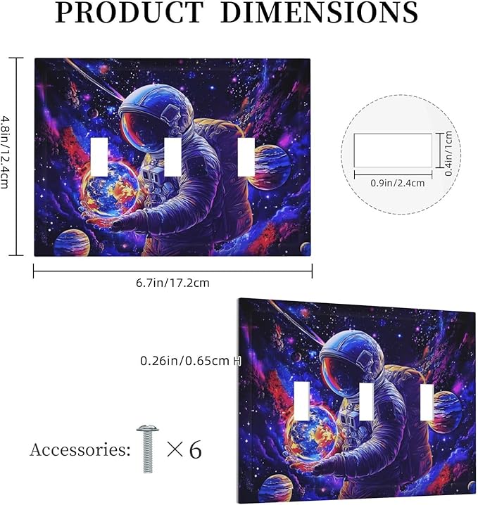 Astronaut Space Cool Galaxy Planet Decorative Switch Plates 3 Gang Wall Plate Triple Toggle Light Switch Cover Faceplate Electrical Wall Panels for Kids Room Nursery Decor