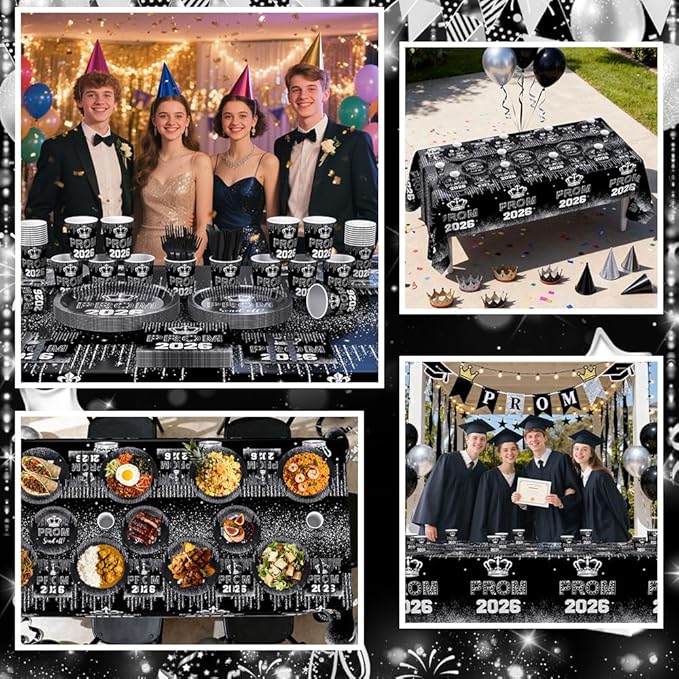 AIBIIN 145PCS Prom Send Off Decorations 2026 Black and Silver Prom Paper Plates Cups and Napkins Sets 2026 Graduation Party Supplies Disposable Tableware Set with Tablecloth Serves 24 Guests