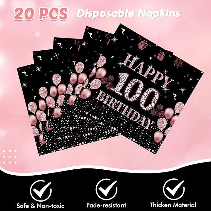 41Pcs 100th Birthday Decorations for Women, Vintage 100 Birthday Black and Rose Gold Disposable Paper Plates and Napkins Party Supplies for 20 Guests, 41Pcs Include 7" Plates Napkins and Tablecloth
