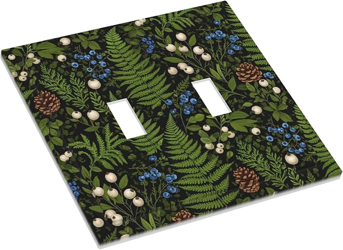 Mystical Forest Floor Double Toggle Switch Cover - 2-Gang Standard US Size Dark Botanical Fern & Berry Light Switch Covers, Cottagecore Woodland for Farmhouse Home Decor