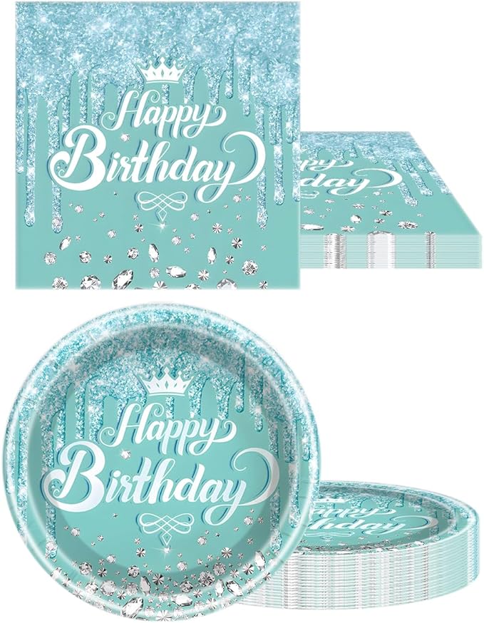 Teal and Silver Tableware set, Blue Happy Birthday Theme 20 Plates and 20 Napkins and Tablecloths 71 '' x 42 '' for Girls Women Silver Glitter Birthday Party Supplies
