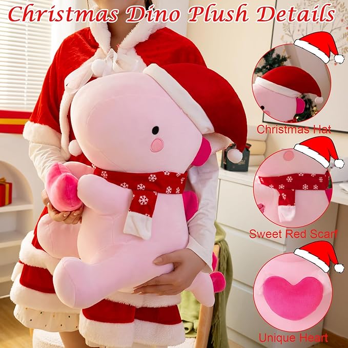 SQEQE Dinosaur Plush Pillow, Cute Loving Stuffed Dinosaur with Heart, Christmas Stuffed Animal Plush Toys Gift for Her Girls Kids (Pink, 20 Inch)