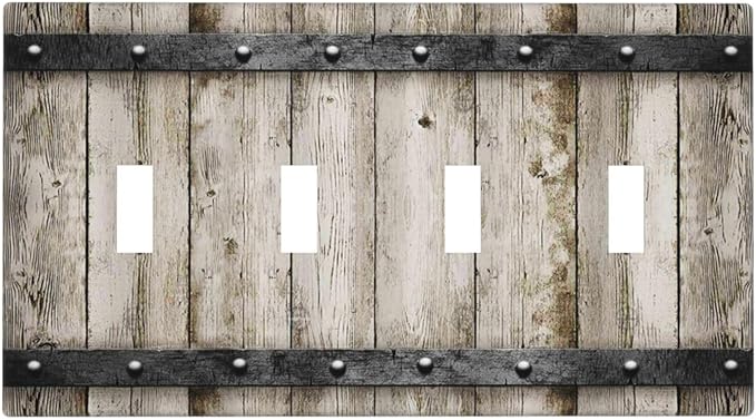 Rustic Vintage Brown Wood Plank 4 Gang Quad Toggle Device Light Switch Cover Decorative Wall Plate Decorative Electrical Faceplate Outlet Cover