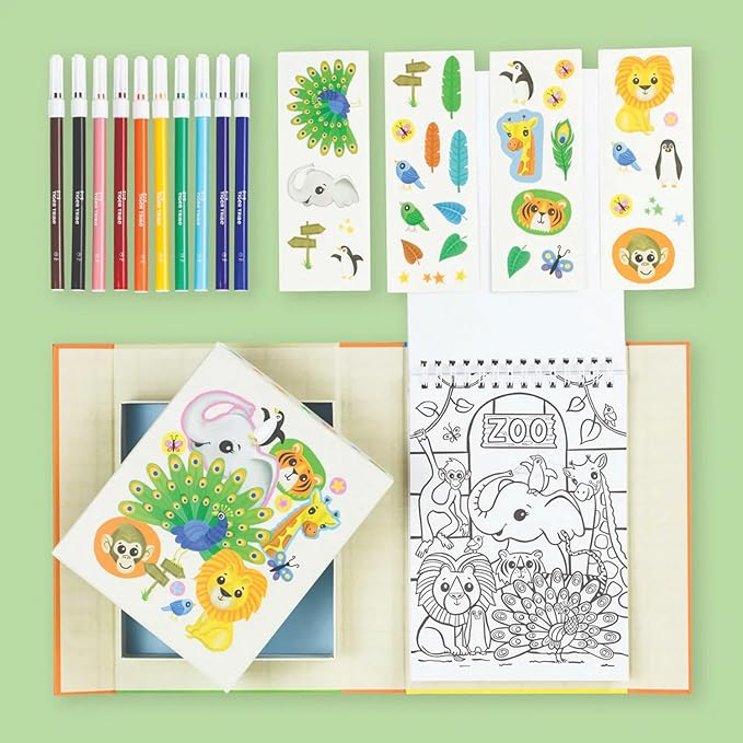 Tiger Tribe Zoo Coloring Set for Kids - Includes Stickers & Markers, Travel-Friendly Storage, Perfect Arts & Crafts Gift