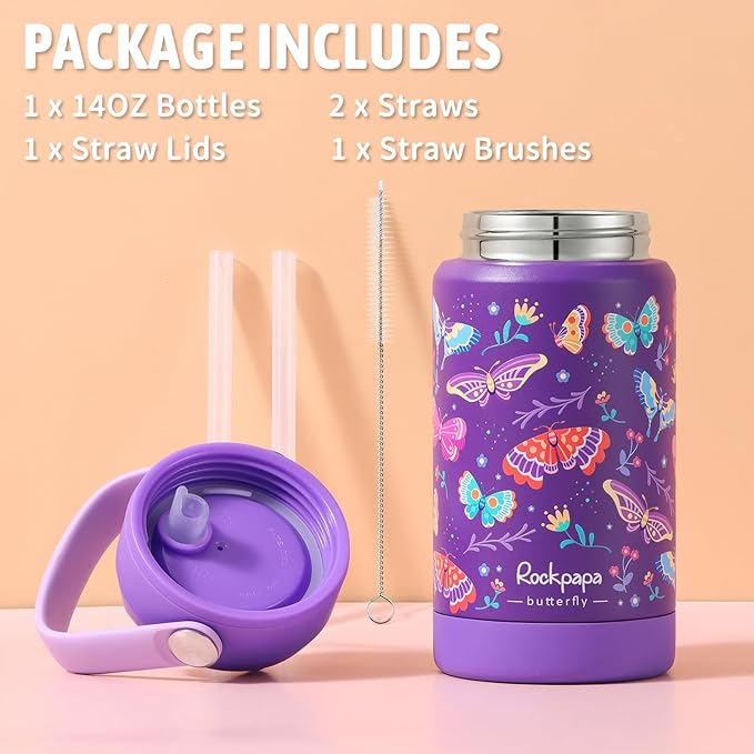 rockpapa 14 oz Kids Insulated Water Bottle，Stainless Steel Toddler Cups with Straws, BPA Free, Leak-Proof, Kids Water Bottle for School Boys& Girls (Purple Butterfly)