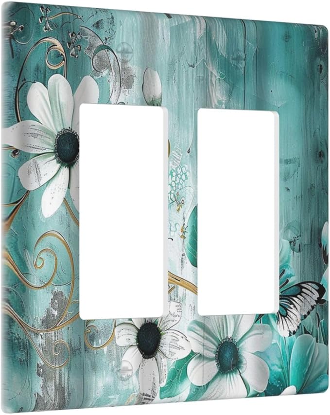 Decorative Outlet Covers Turquoise Flowers and Butterflies Rustic Teal White Floral 2 Gang Wall Plate Double Rocker Decora Light Switch Cover Plate Dual Electrical GFCI Switch Plate Cover