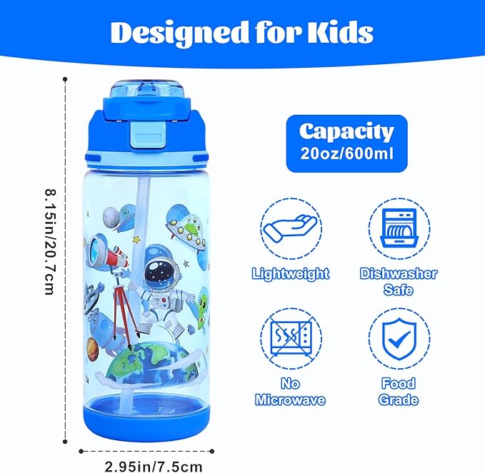 decalsweet Kids Water Bottle 20oz Durable Leak-Proof Plastic Water Cup for Kids Toddlers,With Straw Handle and Pop-Up Spout Cover,Safe for School Sports Daycare Travel & Camp Pack of 2